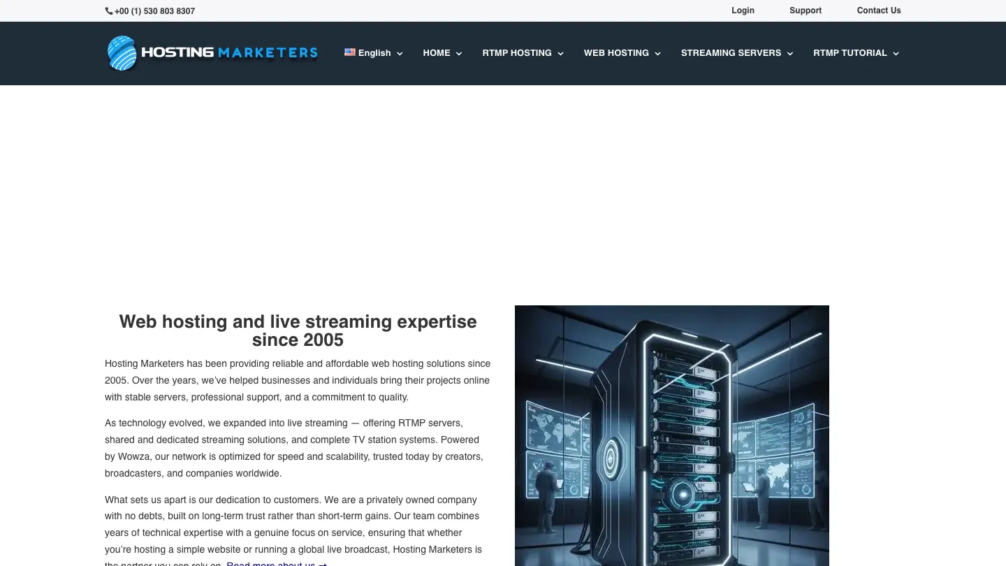 Hosting Marketers website, desktop view
