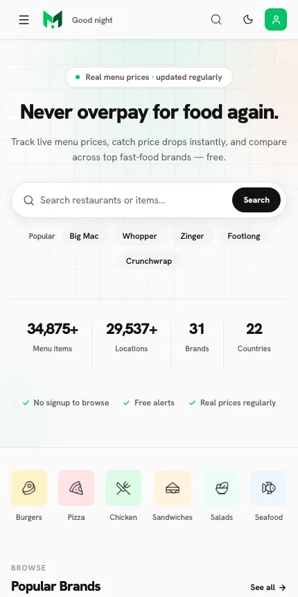 MenuPriceToday website on mobile