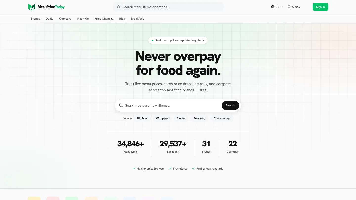 MenuPriceToday website, desktop view