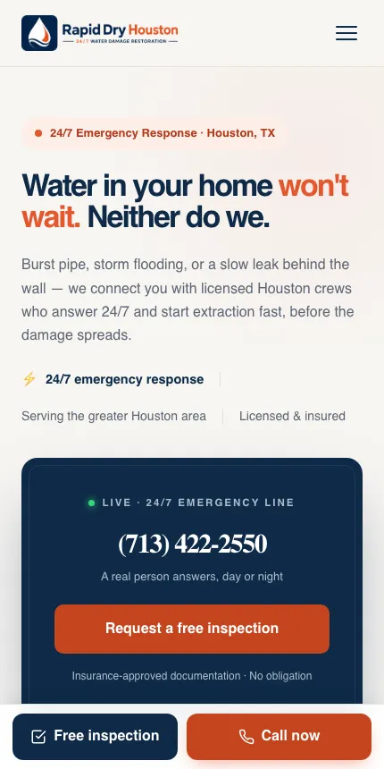 Rapid Dry Houston website on mobile
