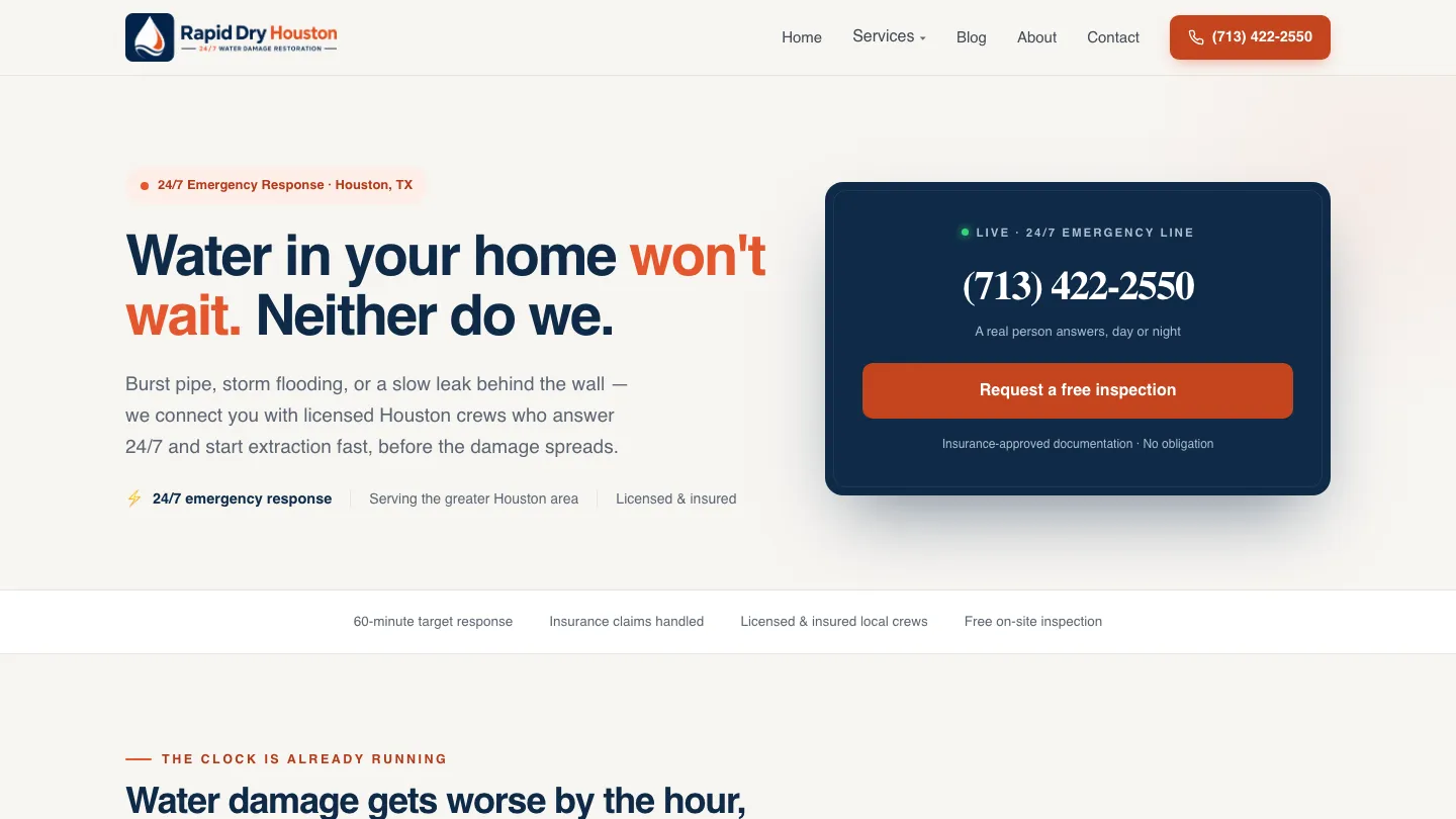 Rapid Dry Houston website, desktop view